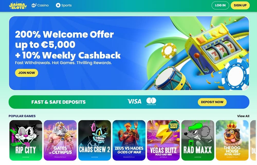 Samba Slots homepage with vibrant design and esports betting section – a rising star in the California online casinos market.